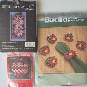 3 Vintage Plastic Canvas Kits  Bucilla Napkin Rings, Eyeglass Case & Ornament